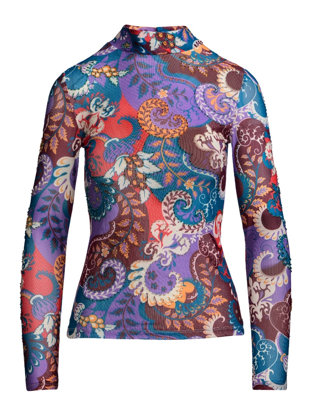 Boston Proper. Mesh Print Beaded Turtleneck. Central Park paisley Print. Small.